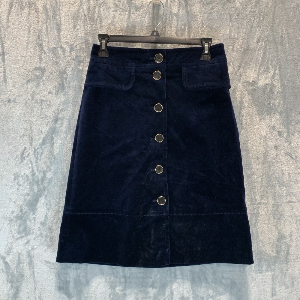 Karen Millen Women's Skirt 10 Navy Blue Velvet Button Front A Line